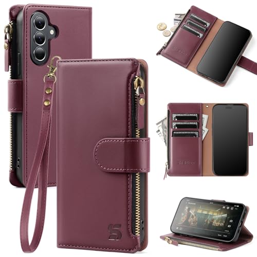 Shieldtop Compatible with Samsung Galaxy A37 5G Wallet Case with Card Holder,PU Leather Phone Case Flip Protective Cover Wrist Strap Zipper Credit Card Slots RFID Blocking Women Men,Wine Red - color: Wine Red