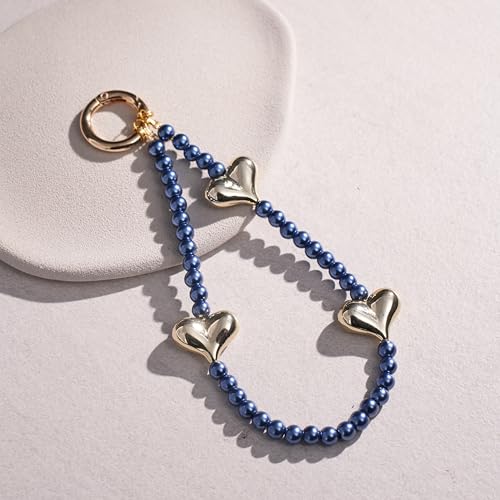 Phone Wrist Strap Pearl Beaded Chain Wristlet Gold Heart Charms - color: Blue