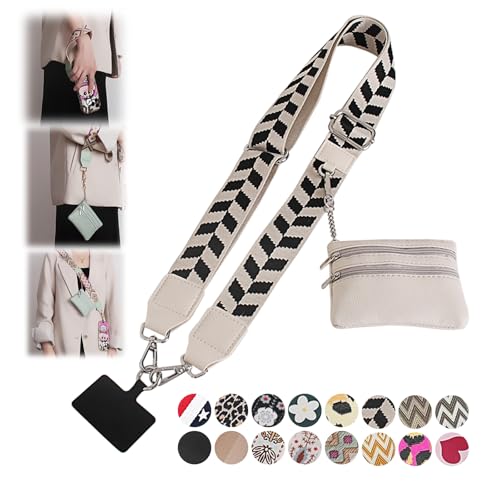 Phone Strap with Zippered Pouch, Clip and Go Strap for Phone with Wallet Crossbody, Adjustable Crossbody Phone Strap-3 - color: Lingge White