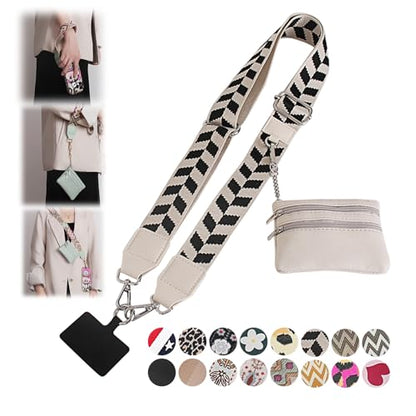 Phone Strap with Zippered Pouch, Clip and Go Strap for Phone with Wallet Crossbody, Adjustable Crossbody Phone Strap-3 - color: Lingge White