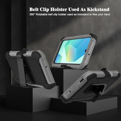 for Samsung Galaxy A16 5G Case with 2 Pack Tempered Glass Screen Protector, [Holster Series] Belt Clip Hard Tough Heavy Duty Rugged Shockproof Protective Cell Phone Case (Gray) - color: Gray