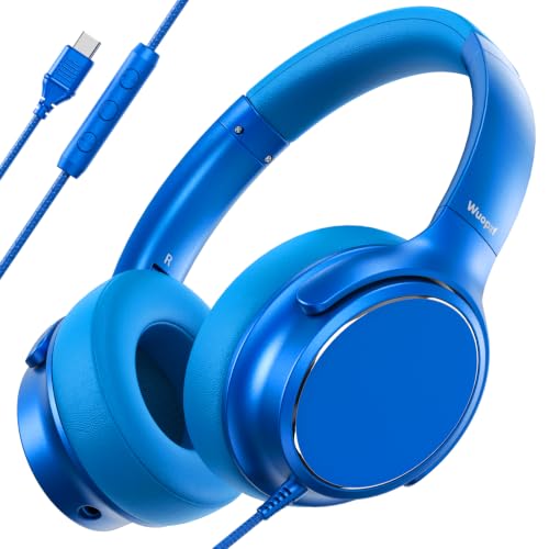 USB C Wired Over-Ear Headphones with Microphone - color: Sky Blue