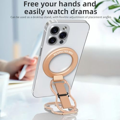 RESPECTED-BRO-Magnetic-Phone-Grip-Stand-with-Finger-Strap, 4-in-1 Magnetic Ring Holder, Kickstand and Elastic Strap for Phones, Universal Fit for iPhone 17/16/15/14/13/12, Android and Cases(Rose Gold) - color: Rose Gold