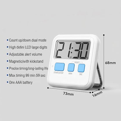 Digital Timer, LCD Display with Adjustable Volume Alarm, Countdown and Countup Modes, Strong Magnet and Foldable Stand, Battery Operated for Kitchen Study Gym and Daily Time Management - color: A