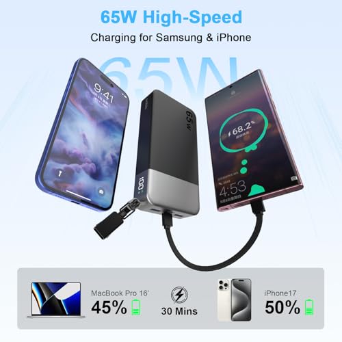 NOBIS Portable Charger 20000mAh 65W Power Bank w/Detachable Cable - color: Black