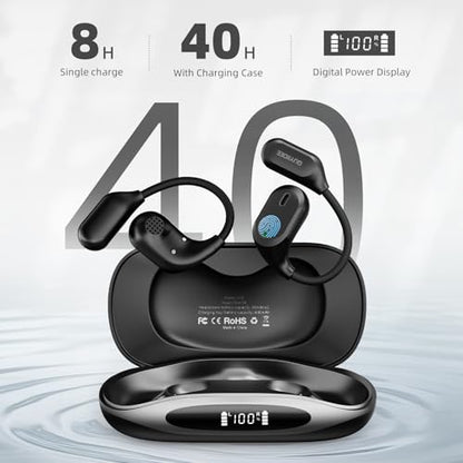 Open Ear Headphones, Bluetooth 5.4 Wireless Earbuds, 40H Playback, with LED Dgital Display, IP54 Waterproof Sports Headphones for Running, Cycling and Gym (Black)