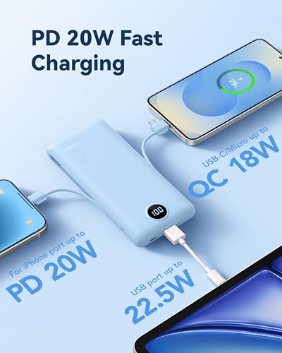 VRURC Portable Charger AC Plug and Built-in-Cables 10000mAh Fast Charging - color: Blue