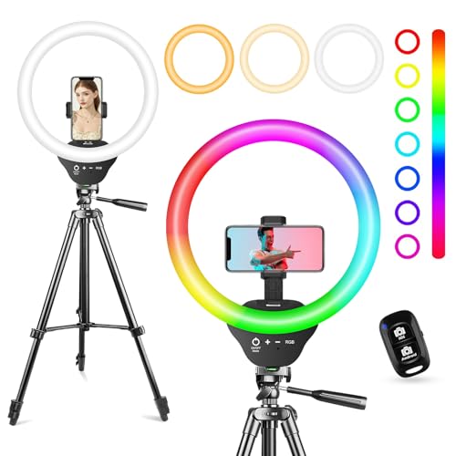 SENSYNE 10‘’ Ring Light with Stand, 50" Phone Tripod with Wireless Remote - size: 12-inch RGB Ring Light