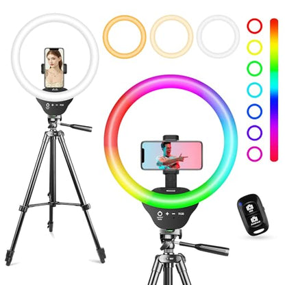 SENSYNE 10‘’ Ring Light with Stand, 50" Phone Tripod with Wireless Remote - size: 12-inch RGB Ring Light