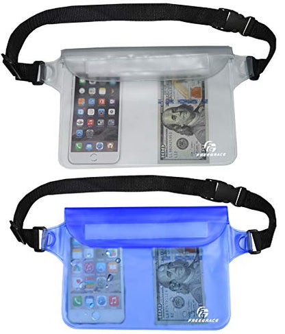 Freegrace Waterproof Pouches with Waist Strap / Pouch Case Bundle Set- Keep Your Phone & Valuables Dry and Safe - Waterproof Dry Bags for Boating Swimming Snorkeling Kayaking Beach Water Parks Pool - color: Blue & White