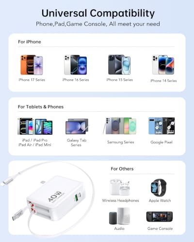 40W Retractable Wall Charger, 4-in-1Fast Phone Charger Wall Plug for Travel
