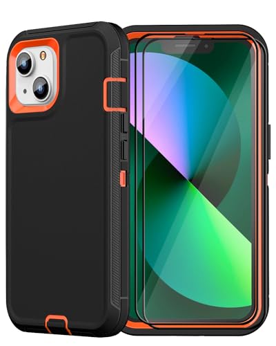 Designed for iPhone 13&14 Heavy-Duty Case, Military-Grade Shockproof Protection, Includes 2 Tempered Glass Screen Protectors - Black Orange - color: Black Orange