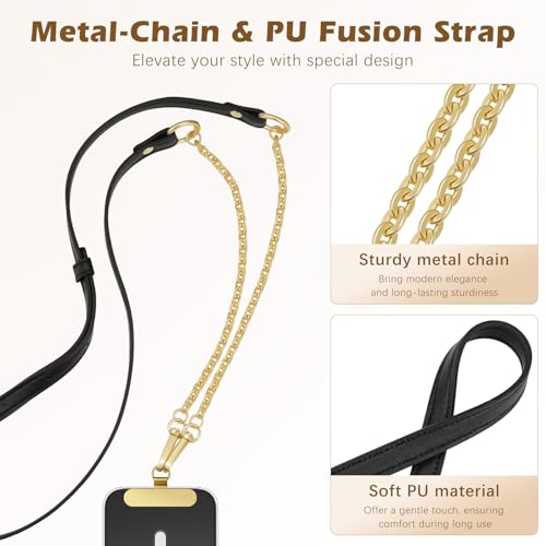 MoKo Universal Phone Crossbody Lanyard Phone Chain, Anti-Theft Adjustable Cellphone Cross Body Neck Strap & iPhone Wrist Strap with 2×Metal Tether Tabs for iPhone 17, Most Smartphones, Black&Gold - color: Black&gold