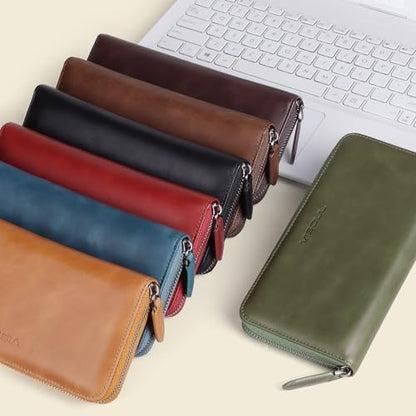 VISOUL Leather Long Zipper Pouch Wallet for Men and Women with RFID Blocking, Large Clutch Cash Long Wallet with Zipper (Coffee) - color: Coffee
