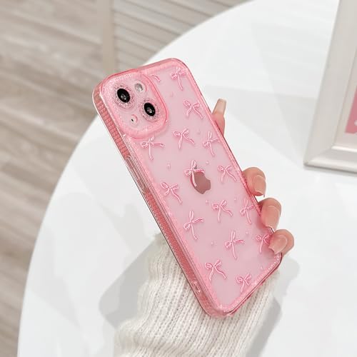 NITITOP Compatible with iPhone 14 Plus / 15 Plus Case Cute Clear Pink Glitter Bow Knot Design Shiny Star Sparkle Bling Diamond Girls Women Soft TPU Shockproof Protective Phone Cover - Large Bow Heart - color: Large Bow Heart, size: iPhone 14 Plus / 15 Plu