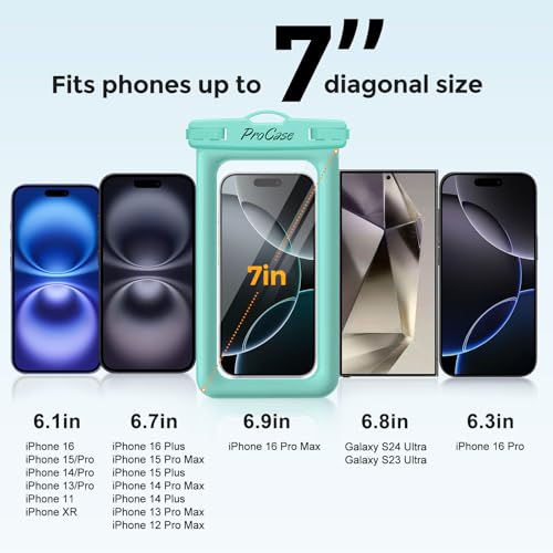 ProCase 2 Pack Floating Waterproof Phone Pouch, IPX8 Dry Bag for 7" Phones | Fits iPhone 17/16/15/14, Galaxy S24/S23 & Pixel 8/7. Touchscreen Waterproof Pouch for Swimming, Diving & Snow -Bluegreen - color: Blue/Green