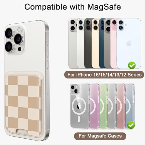 uCOLOR Upgraded Magnetic Cell Phone Wallet Card Holder-Compatible with Mag Safe for iPhone 17/16/15/14/13/12 Series, Leather Magnetic Phone Wallet (checkered) - color: Brown Checkered