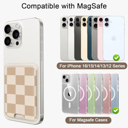uCOLOR Upgraded Magnetic Cell Phone Wallet Card Holder-Compatible with Mag Safe for iPhone 17/16/15/14/13/12 Series, Leather Magnetic Phone Wallet (checkered) - color: Brown Checkered