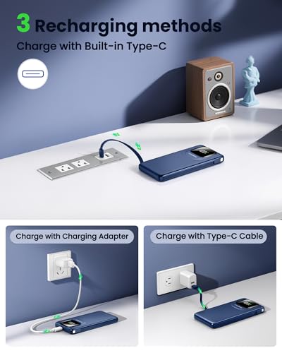 Portable Charger with Built-in Cables,22.5W Super Fast Charging Power Bank Slim Phone Charger,10000mAh Travel Battery Pack Battery Bank with Smart LED Display for iPhone, Android & USB-C - color: Blue