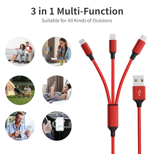 3 in 1 Multi Charging Cable 2 Pack 4FT Red Braided Nylon USB Cable