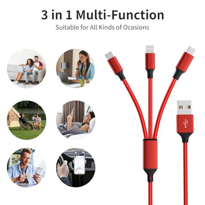 3 in 1 Multi Charging Cable 2 Pack 4FT Red Braided Nylon USB Cable
