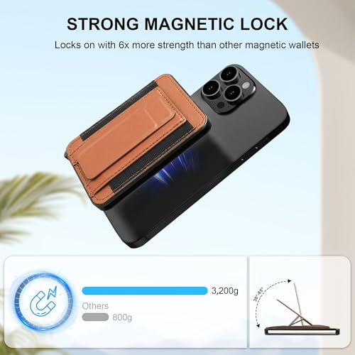 Magnetic Card Wallet for Phone,for Magsafe Wallet Quick Access to Cards,Pop up Credit Card Holder with RFID Blocking,Adjustable Phone Stand for iPhone 16/15/14/13/12 Series (Brown) - color: Leather Stand w/Elastic - Chestnut Brown