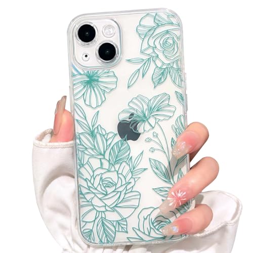 NITITOP Compatible for iPhone 17 Case Cute Clear Floral Flower - Green | for Girls Women , Girly , Aesthetic , Soft TPU , Full Camera Lens , Protective , Shockproof Phone Cover - color: Teal