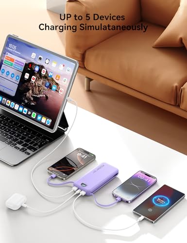 Portable Charger Power Bank 10000mAh with Built in Cables & Wall Plug - color: Violet