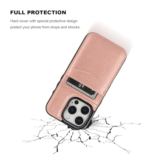 KIHUWEY for iPhone 16 Pro Wallet Case Card Holder for MagSafe, Rose Gold | Wireless Charging, RFID, Flip PU Leather, Magnetic Clasp, Hands-Free Viewing Kickstand, Heavy Duty Protective Cover - color: Magsafe for Rose Gold