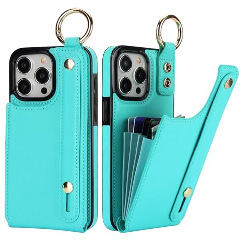 Folosu for iPhone 15 Pro Max Wallet Case with Card Holder, Hand Wrist Strap Loop Holder Kickstand, RFID Blocking Finger Grip Ring PU Leather Double Buttons Shockproof Cover 6.7" Green - color: Mint Green