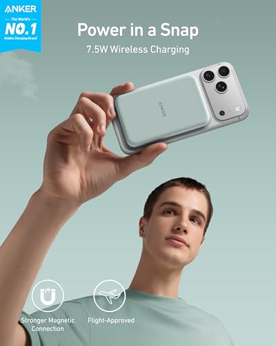 Anker 621 MagGo Power Bank, 5,000mAh Magnetic Portable Charger | Travel Essential Battery Pack with USB-C Cable, Compatible with iPhone 16 / 15 / 14 / 13 / 12 Series - color: Green, size: 4.13 x 2.62 x 0.45 inches