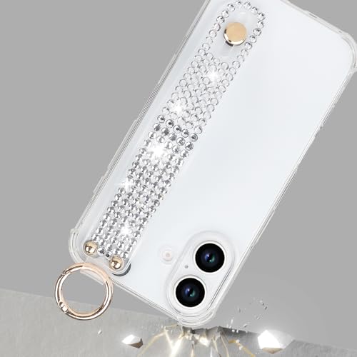 Omio Compatible with iPhone 17 Case Clear Luxury Glitter Sparkle Rhinestone Diamond Stand Holder Case Soft TPU Silicone Slim Cover with Wrist Strap Grip Holder Kickstand for Women Girls Clear - size: iPhone 17