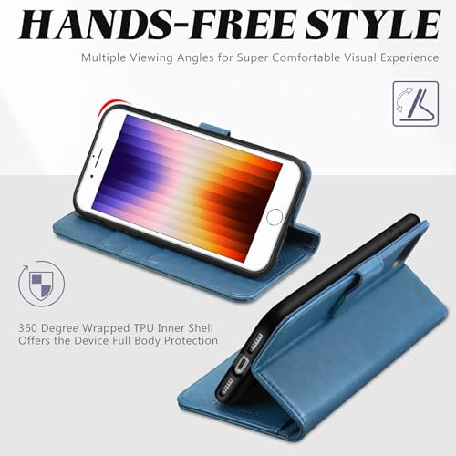 TUCCH Wallet Case for iPhone SE 2022/ iPhone 7/8/iPhone SE 2020, Lake Blue | 3 Card Holders, Kickstand, PU Leather, Shockproof TPU Shell, Magnetic Closure, Protective Folio Cover - color: Lake Blue