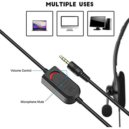 Call Center Headset, Single Ear Noise Cancelling Microphone Headphone with 3.5mm Jack in-line Control, Lightweight 45g Wired Headset for Office Work Customer Service Work from Home