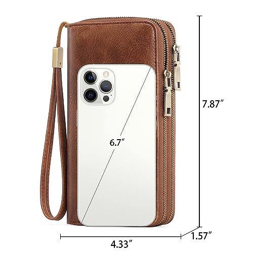 GAEKEAO RFID Leather Wristlet Wallet for Women with Grip Strap | Large capacity clutch wallet, credit card holder, wrist strap, zipper purse, travel and shopping - color: A01 Retro Brown Tan