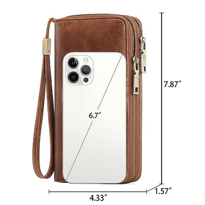 GAEKEAO RFID Leather Wristlet Wallet for Women with Grip Strap | Large capacity clutch wallet, credit card holder, wrist strap, zipper purse, travel and shopping - color: A01 Retro Brown Tan