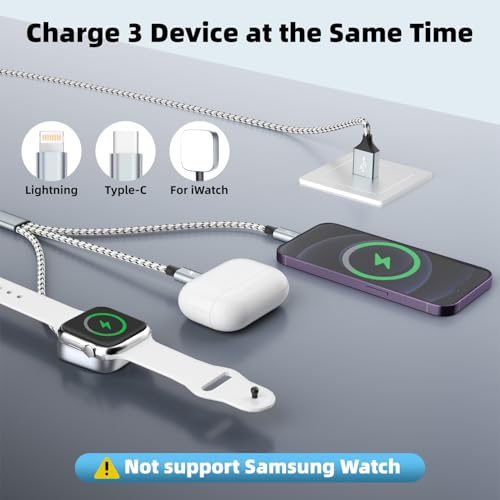 Travel Essentials 3in1 Multi Charging Cable for iPhone Watch Charger 3PK5FT - color: Light Gray&White, size: AC to C+L+iWatch