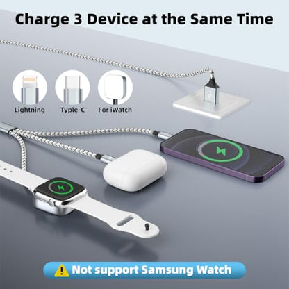 Travel Essentials 3in1 Multi Charging Cable for iPhone Watch Charger 3PK5FT - color: Light Gray&White, size: AC to C+L+iWatch