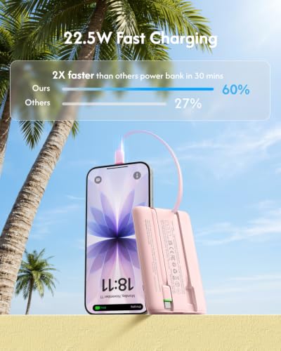 VEGER 10000mAh 22.5W Fast Charging Portable Charger with Built-in Cables - color: Pink