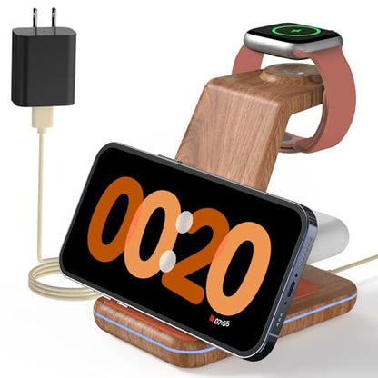 JoyGeek 3 in 1 Charging Station for Apple Devices, Wireless Charger Stand for iPhone 17/16/15/14/13/12/11/SE/X Pro Max Plus - Apple Watch 11/10/9/Ultra 2/8/SE/7/6/5 - AirPods Pro 2/3/2 - color: Woodgrain Color