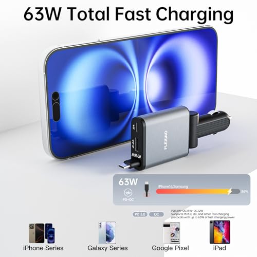 Flexino 【Ultra-Slim】 Retractable Car Charger for iPhone 17, Fast Charging Car Chargers, USB C Car Charger, Cigarette Lighter Adapter for iPhone 17/16/15/14/13/12 Series, Galaxy, Gray, 1 Pack