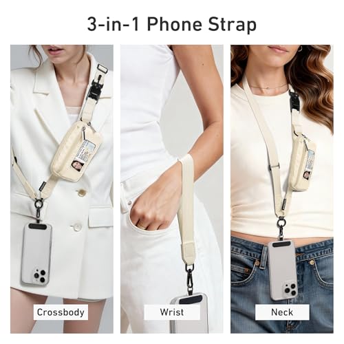 Nekmit Clip and Go Strap for Phone with Wallet Crossbody, Adjustable Phone Lanyard with Detachable Zippered Pouch & Wristlet - color: Beige