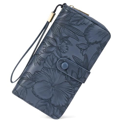 SENDEFN Women's Credit Card Holder RFID Blocking Zip Around Leather Wallet Large Capacity Long Purse with Wristlet - color: Deep Blue