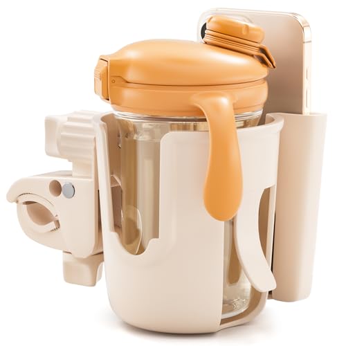 Li & Zhao Universal Stroller Cup Holder - 2-in-1 Wheelchair Cup Holder Adjustable Bike Drink Holder with Phone Holder Accessories for Rollator,Bike,Scooter,Walker(Beige) - color: Beige
