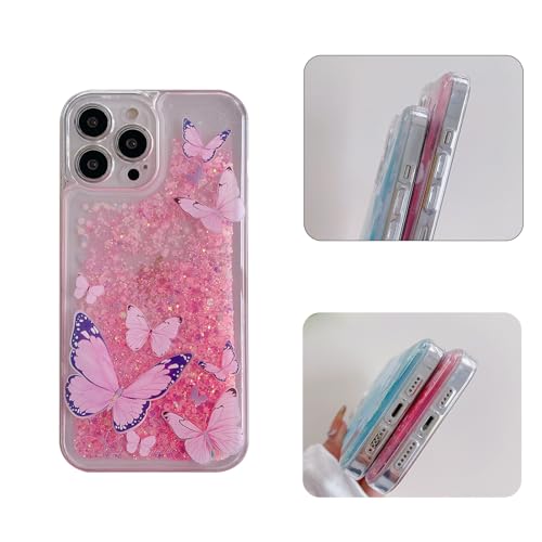 Compatible with iPhone 16 Pro Max Glitter Butterfly Case Glow in The Dark Women Girls Girly Bling Sparkle Flowing Quicksand Light up Case Soft TPU Bumper Luminous Clear Phone Cover, Pink - color: Pink, size: iPhone 16 Pro Max