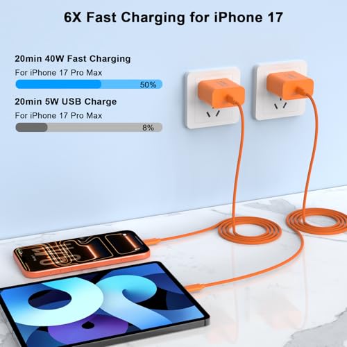iPhone 17 Pro Max Charger Fast Charging 10FT, 40W USB C Charger Block&Cable - color: Orange, size: 1P-10FT