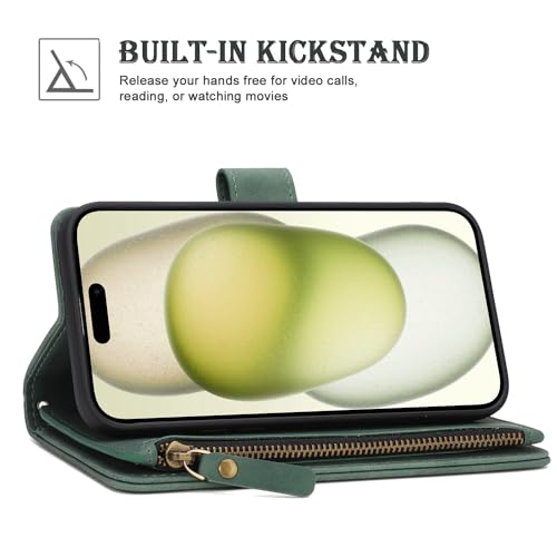 RANYOK Wallet Case for iPhone 15 (6.1 inch) with RFID Blocking Credit Card Holder, Premium PU Leather [Zipper Pocket] Flip Folio Wallet with Wrist Strap Kickstand Protective Case (Black Green) - color: Black Green