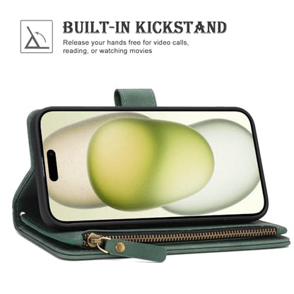 RANYOK Wallet Case for iPhone 15 (6.1 inch) with RFID Blocking Credit Card Holder, Premium PU Leather [Zipper Pocket] Flip Folio Wallet with Wrist Strap Kickstand Protective Case (Black Green) - color: Black Green