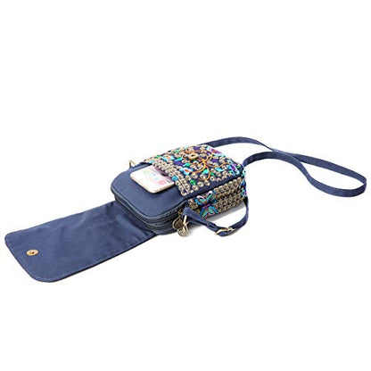 SILKAREA Embroidered Cute Mini Crossbody Bag for Women Small Handbags Wristlet Wallet Bag Cell-phone Pouch Coin Purse - color: Blue + Flower-medium