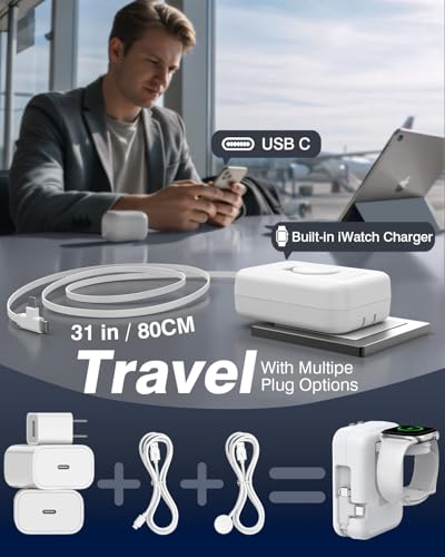 3 in 1 Retractable Wall Charger for Apple Watch,36W Fast Charging Block with 31 Inch Cables,Multi-Device Travel Charger for iPhone 17/16/15/14/13/12, iWatch & AirPods (White) - color: White